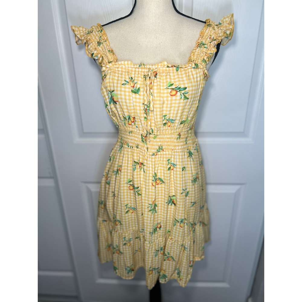 Gingham Fruit Print Dress Womens M Yellow Smocked Ruffle Cottagecore Pockets
